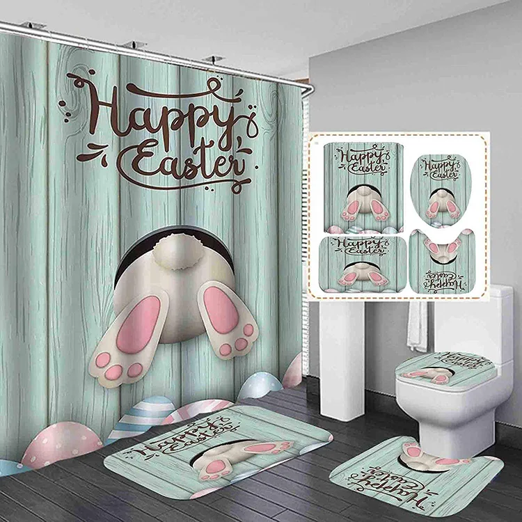 

Customized Waterproof 3D Printing Shower Curtains 4 Pieces Bathroom Curtains Mats Set