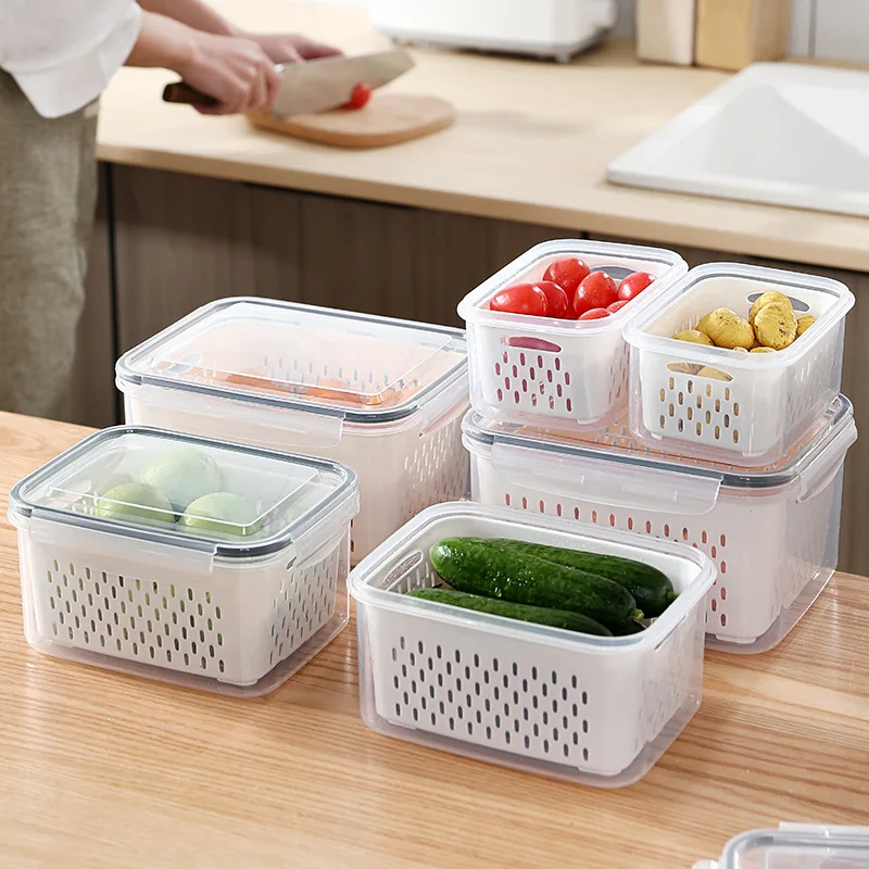 

Plastic Fresh Produce Saver Vegetable Fruit Meat Fridge Food Storage Container Basket Set With Lids, Transparent