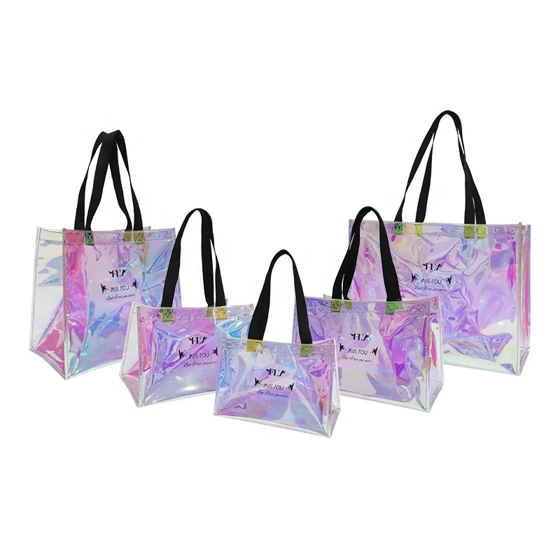 

OEM/ODM clear PVC shopping bag custom logo laser holographic transparent shopping bag