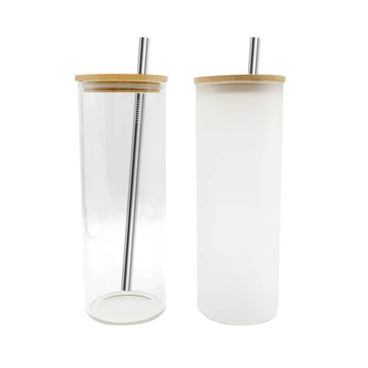 

Best Seller 500ml 600ml 16oz 20oz 25oz Clear Frosted Blank Straight Sublimation Glass Skinny Tumbler with Bamboo Lid and Straw, White