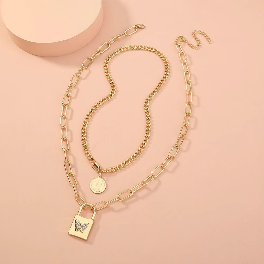 

Vintage Queen Elizabeth Coin Necklaces Jewelry Gold Plated Cuban Link Layered Lock Pendant Diamond Butterfly Necklace Women