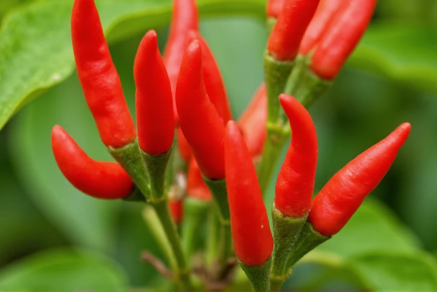 Close-up photograph of fresh red cayenne peppers on plant showing their slender shape and vibrant color