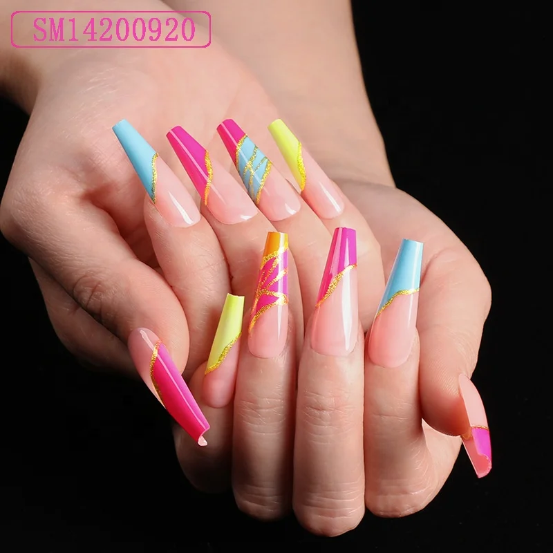 

24pcs Set Detachable Long Coffin Fake Nails European Rainbow Ballerina Full Nail Art Tips Colorful Beauty Artificial False Nails