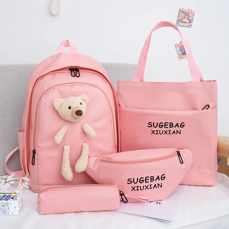 

Large-capacity harajuku style four piece bear decoration chest pack and Tote girls cute school bag backpack set