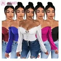 

Z1032 hot sell solid smocking stitch off shoulder crop women clothing sexy blouse