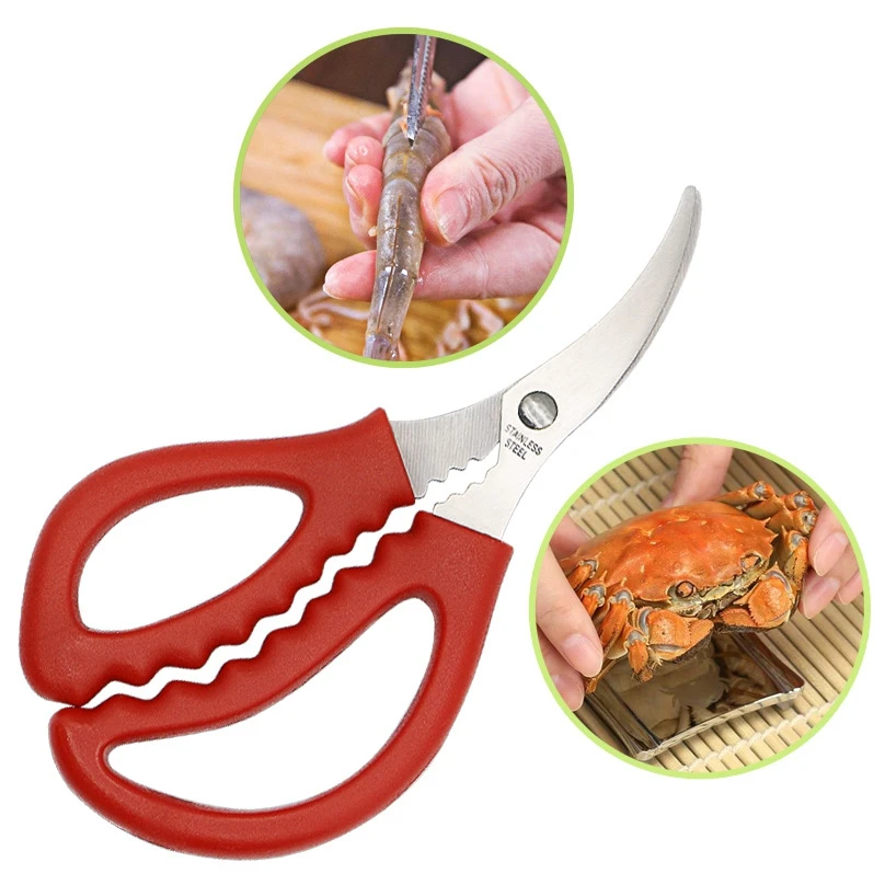 

M252 Stainless Steel Crab Scissor Seafood Shrimp Lobster Peeling Fish Belly Shell Skin Peeling Tool Multifunction Prawn Scissors, Green, blue, red, black