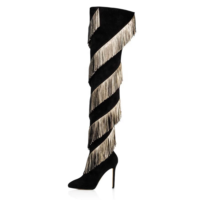 

Women's Large Size Black Suede Gold PU Fringed Stiletto Over High Heel Boots