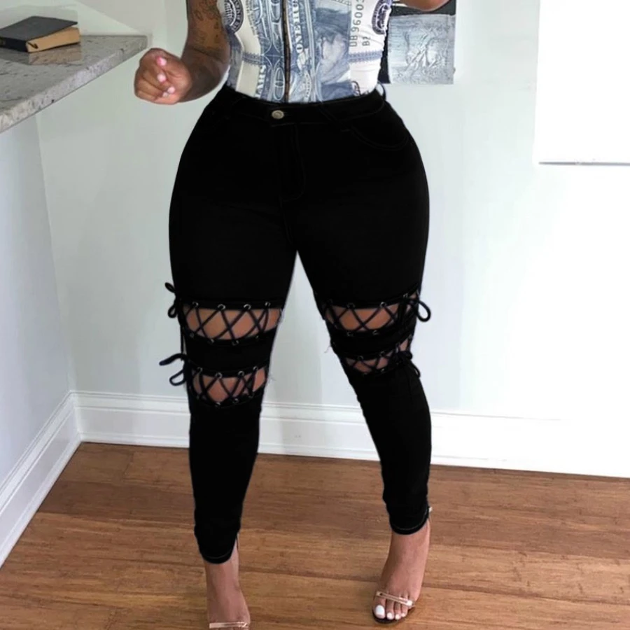 

2021 new trendy high street fashion 5XL plus size jeans with bandage women chic design high waist ripped denim pants hot sale, 1color as picture