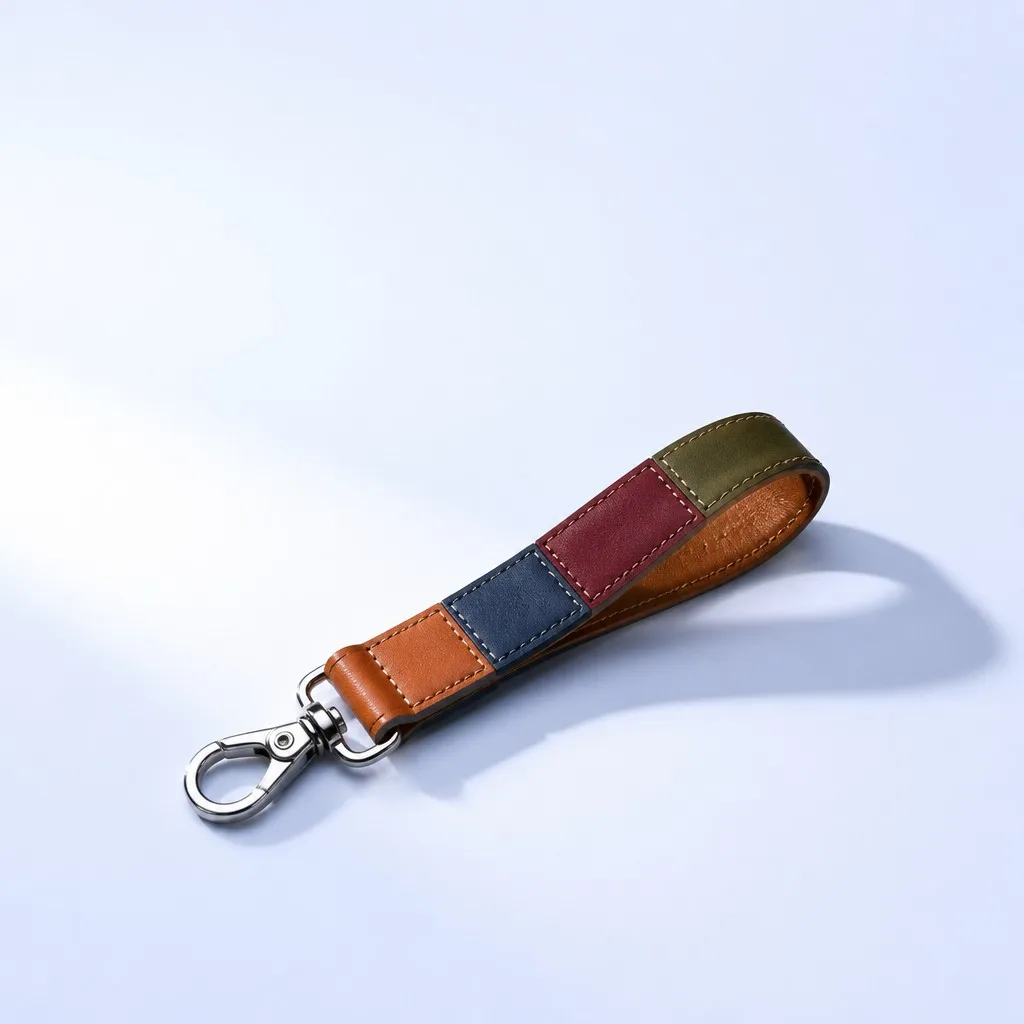Multicolor patchwork leather wrist strap keychain with silver lobster clasp