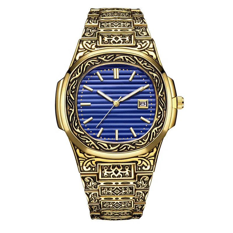 

Blue Wave Dial Carve Patterns Roles Steel Metal Shinely Gold Watch 3ATM, Gold/rose gold/white/black