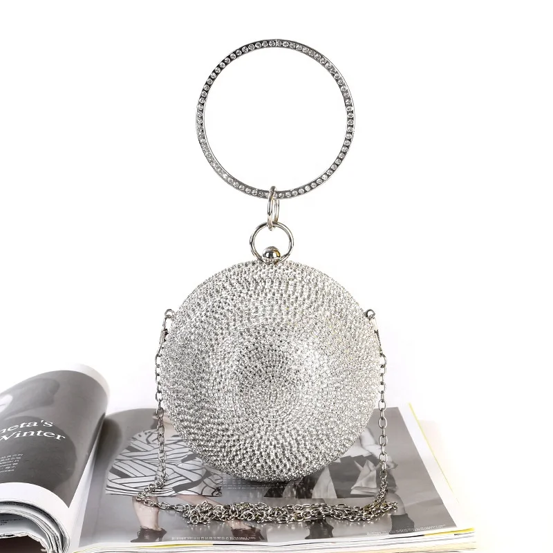 

Luxury Satin Glitter Round Ball Women Evening Bag and Purse Drop Shipping Golden Chain Mini Style New Fashion Ladies Handbags