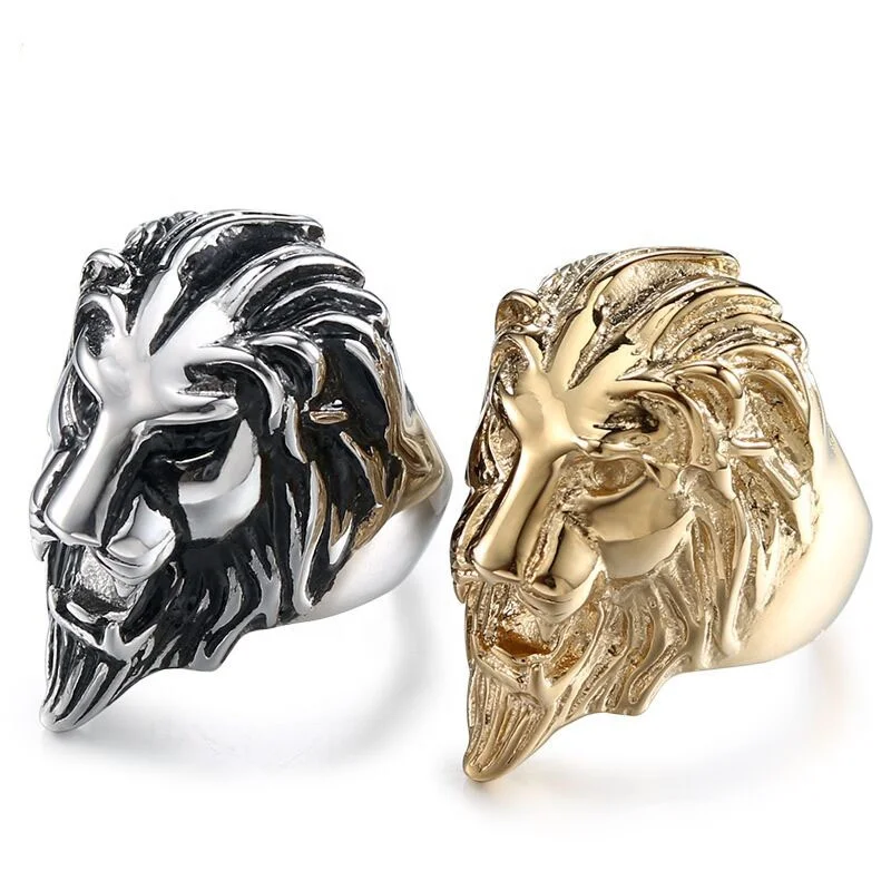 

High Quality Hot Selling Fashion Europe And America Style Jewelry Ring 316L Stainless Steel Vintage Punk Lion Head Rings, Silver,gold