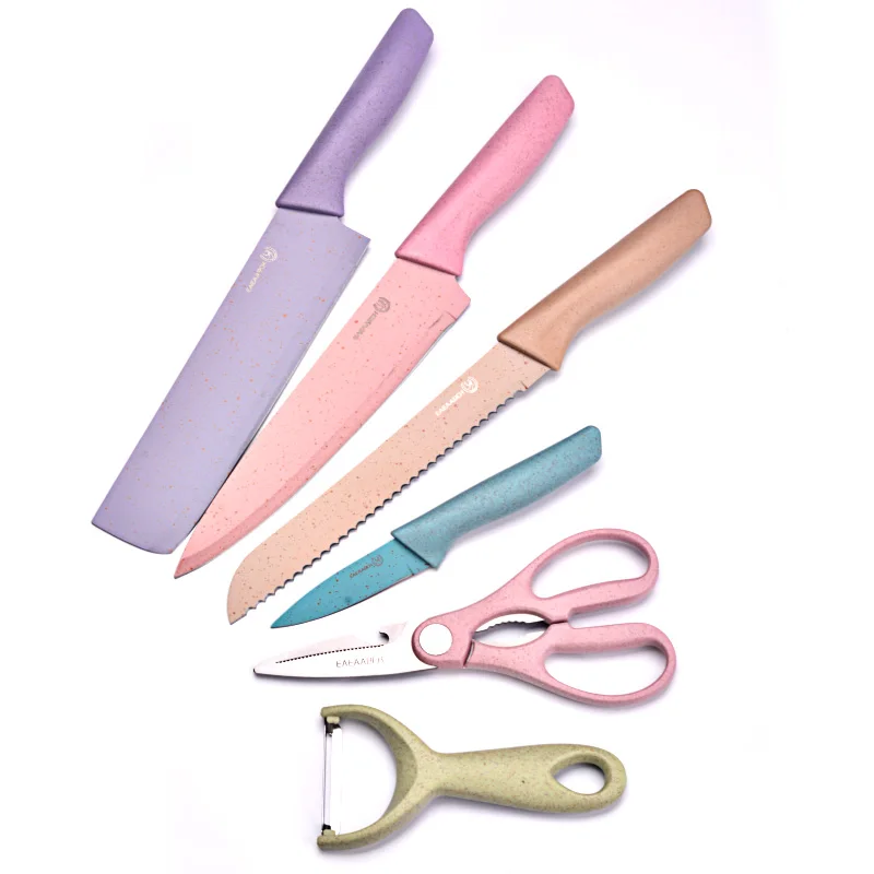 
Most Popular 6pcs Non-stick blade Stainless Steel Kitchen Knives Set with Wheat Straw Handle 