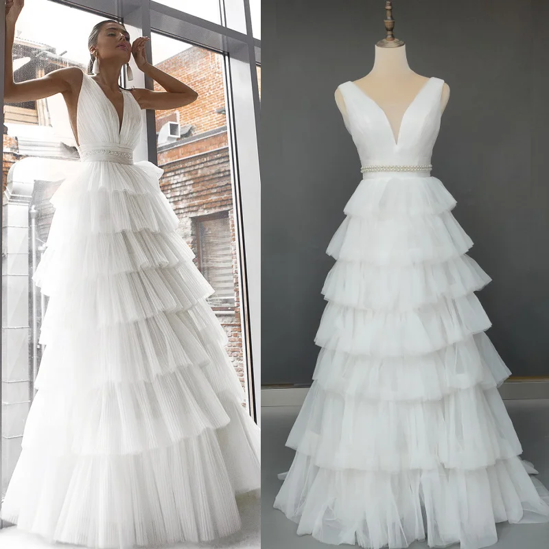 

10817#Deep V Neck Sexy Sleeveless A-Line Floor Length Mesh Ruffle Tiered Open Back Wedding Dress Wedding Bridal Gown