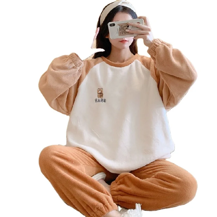 

2021 Winter Thickened Cartoon Sleepwear Flannel Fabric Set Long Sleeve Women's Coral Velvet Pajamas