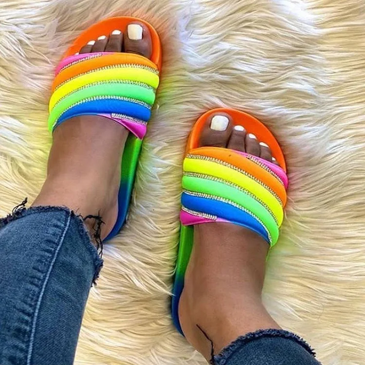 

Summer Rainbow Bling Slippers Women Sequins Shoes Non Slip Soft Flats Beach Flip Flops Home Slipper Ladies Outdoor Sandals Girls, Black pink colorful rosy