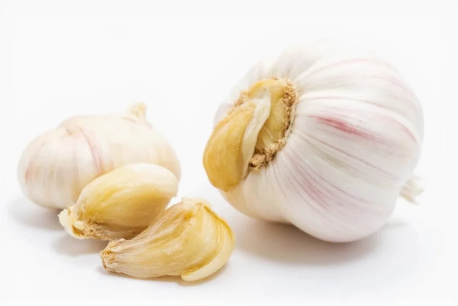 Two medium garlic cloves next to teaspoon and tablespoon measurements
