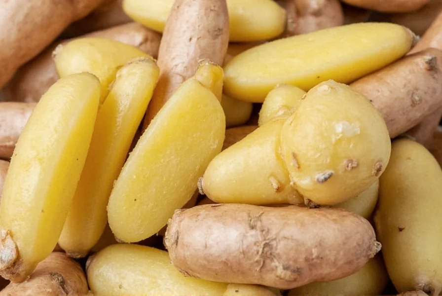 Traditional Asian market display showing various ginger varieties with labels in local languages