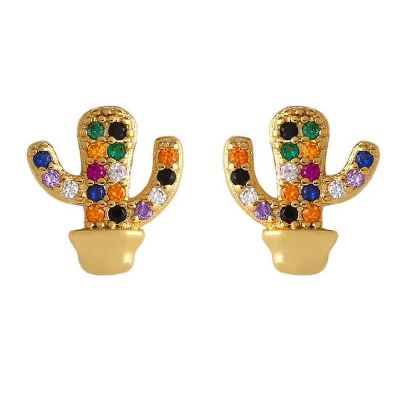 Popular 18k gold plated cz charm earrings colorful cactus eye rainbow jewelry earrings for women