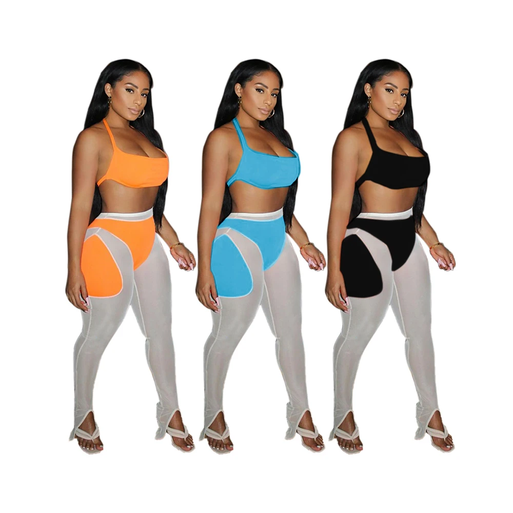 

Foma Clothing TS1113 summer sexy fashion women contrast color mesh stitching tube top bra and pants sports 2 two piece set, 3 colors