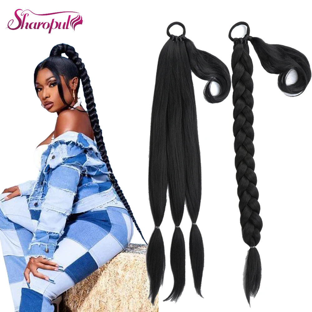 Wholesale Long Black Color Yaki Straight Braided Ponytail Extension with Hair Tie Natural Hair Synthetic Braiding Hair Wrap