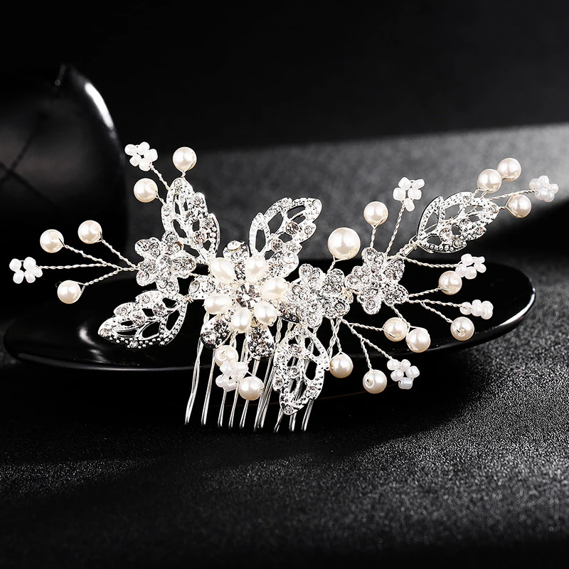 

Jachon Handmade Large Crystal Hair Comb Gold Leaf Wedding Crystal Bridal Wedding Pearl Hair Clips For Girl, As picture
