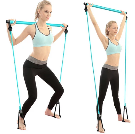 

Lightweight Portable Yoga Pilates Bar Gym Stick with Resistance Band 2 Feet Loops, Rose, black, blue