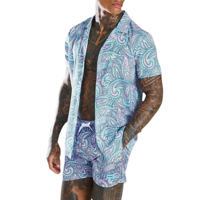 

Fashion Hawaiian Men's Beach Shirt Set 2 Pieces Sets Men Beach Coconut Print Shorts Print Short Sleeve Shirt Set Two-piece S-3XL