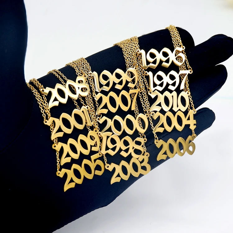 

Custom gold stainless steel number baby birth year pendant women necklace pieces