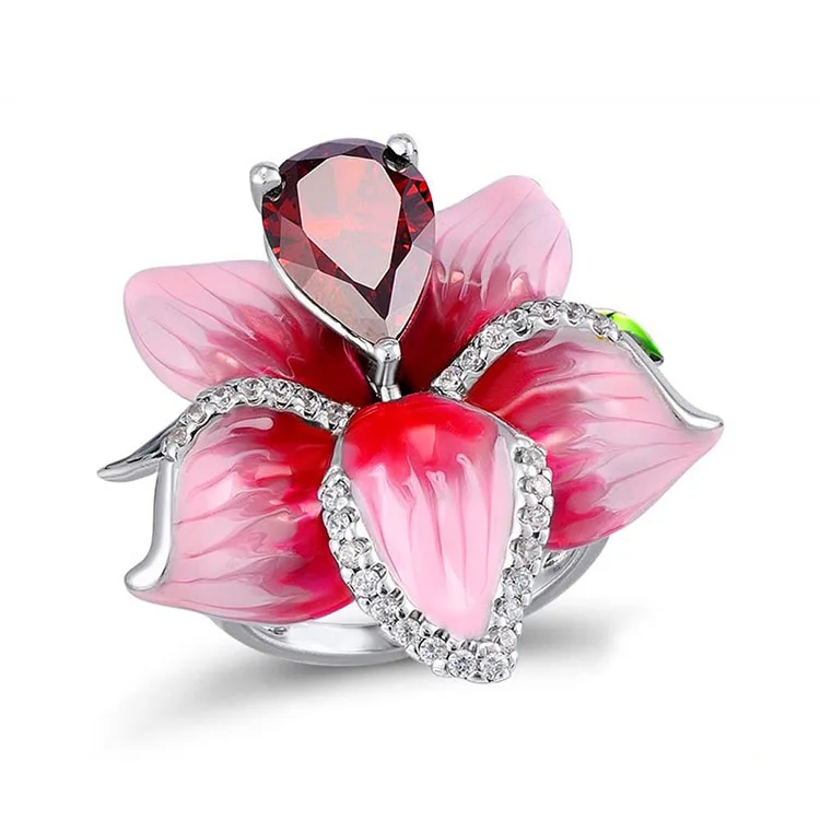 

Pear Cut Lovely Pink Rose Big Flower Petal Ruby Crystal Diamond Water Drop Lady Ring, Platinum