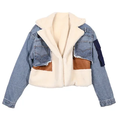 

New Winter Fur Coats For Woman Trendy Chiffon Street Cotton Coat Blue Jean Jacket With Fur Patchwork Denim Faux Fur Coat Jacket