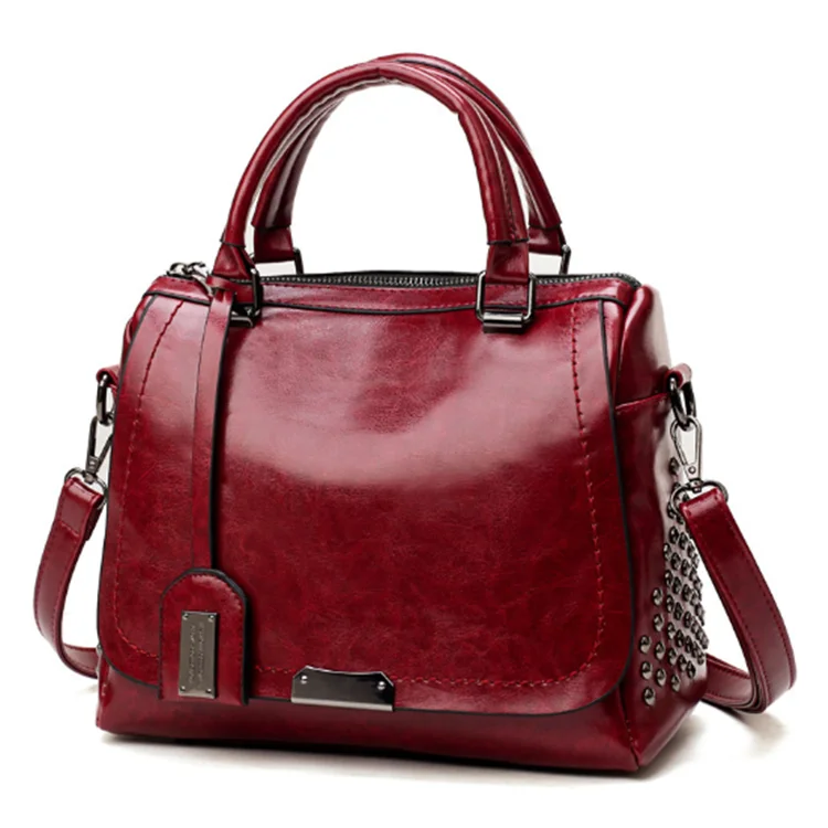 

Women's Bags Retro Handbags Oil Leather Rivet Bags Female Bags, Wine red, brown, black