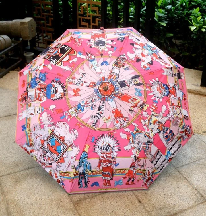 

Women Folding Umbrella Black Sunny Steel Frame Automatic Umbrella Pattern Rubber Plastic Umbrella, As pic show