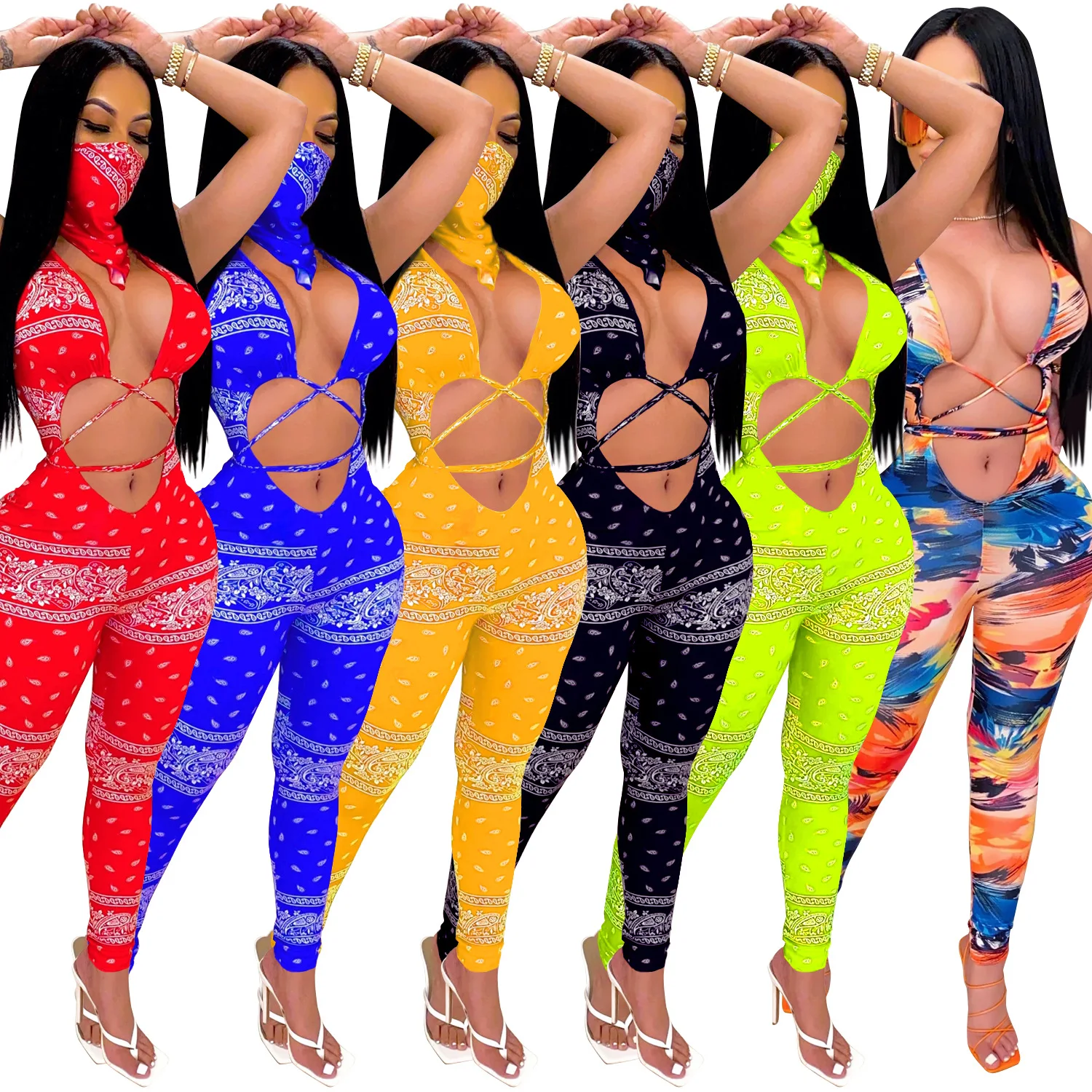 

2021 fashion sexy ladies clothes women clothing long pants Cashew Sexy cross-tie women's one piece jumpsuit, Customized color