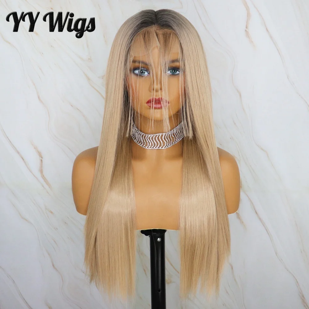 

Wholesale Price Futura Fiber Long Straight Ombre Blonde Lace Frontal Wig with Baby Hair for Women 150% Density