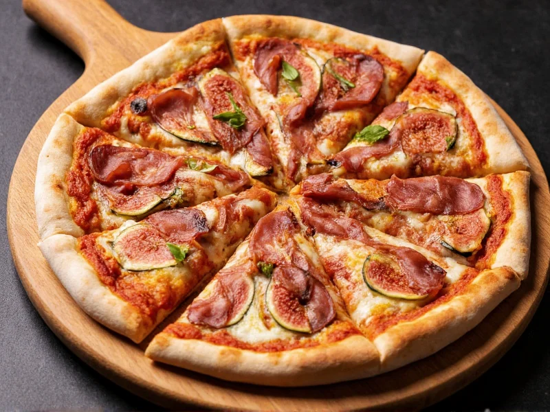 Mediterranean fig and prosciutto pizza on wooden board