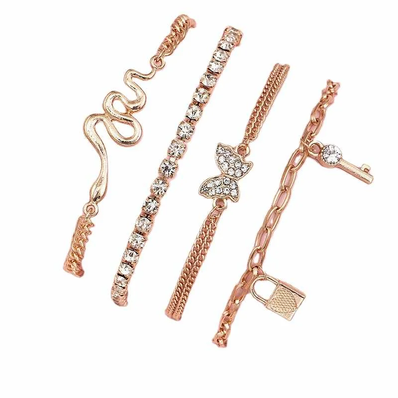 

Personalized Street Style Fashion Butterfly Lock 4 Pieces Bracelet Set Hand Combination Women's New Jewelry, Gold