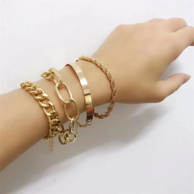 

4PCS/Set Multilayer Gold Sliver Plated Chain Bracelets & Bangles for Women Men Couples Boho Jewelry Gift Chunky Lock Bracelet, Gold, silver