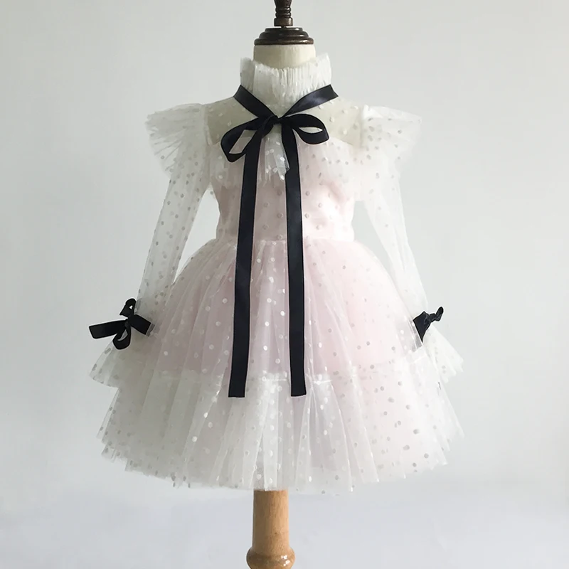 

2019 Newest Children Birtday Party Dresses Daily Beautiful Pink Long Sleeve Tulle Flower Girls Dress, As picture