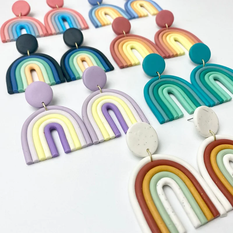 

Wholesale Fashion Handmade Women Rainbow Friends Jewelry Colors U Shape Drop Polymer Clay Earring