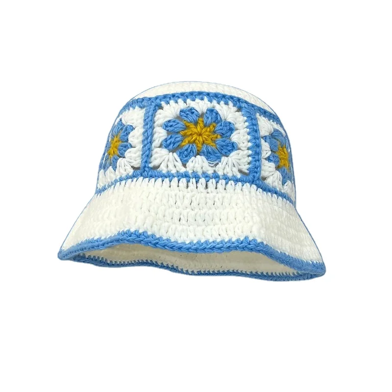

Korean Style Hollow Flowers Hand-knit Hat Unisex Contrast Color Stripe Fashion Bucket Hat Autumn Winter Warm Crochet Beanie Cap