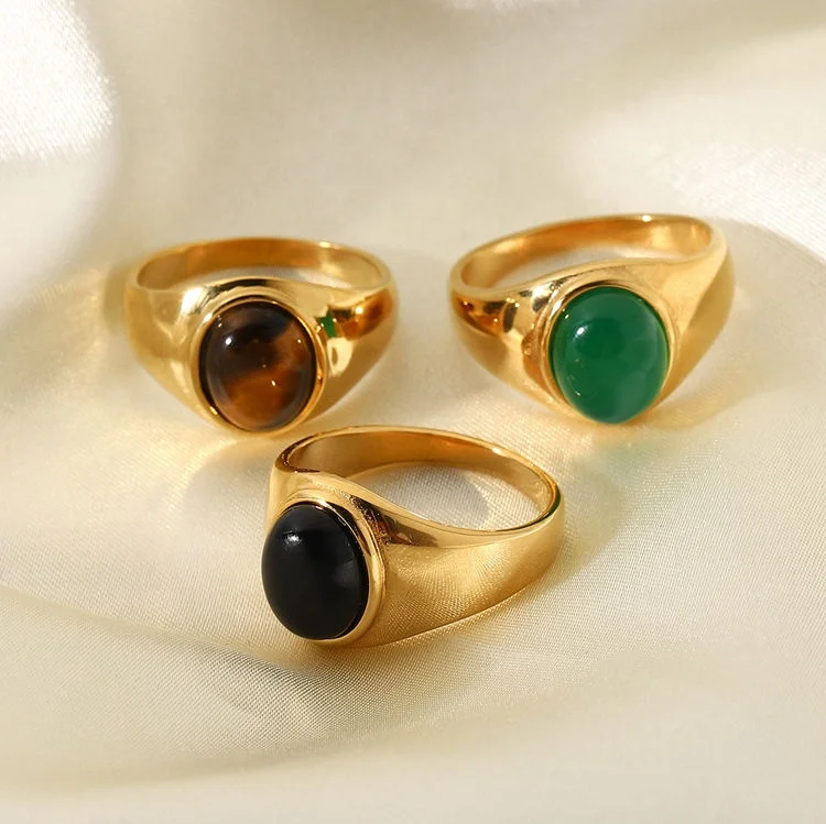 

Vintage Engagement Ring Jewelry Elegant Women Stainless Steel Oval Tiger Eye Stone Obsidian Gemstone Ring, Gold, rose gold, steel, black etc.
