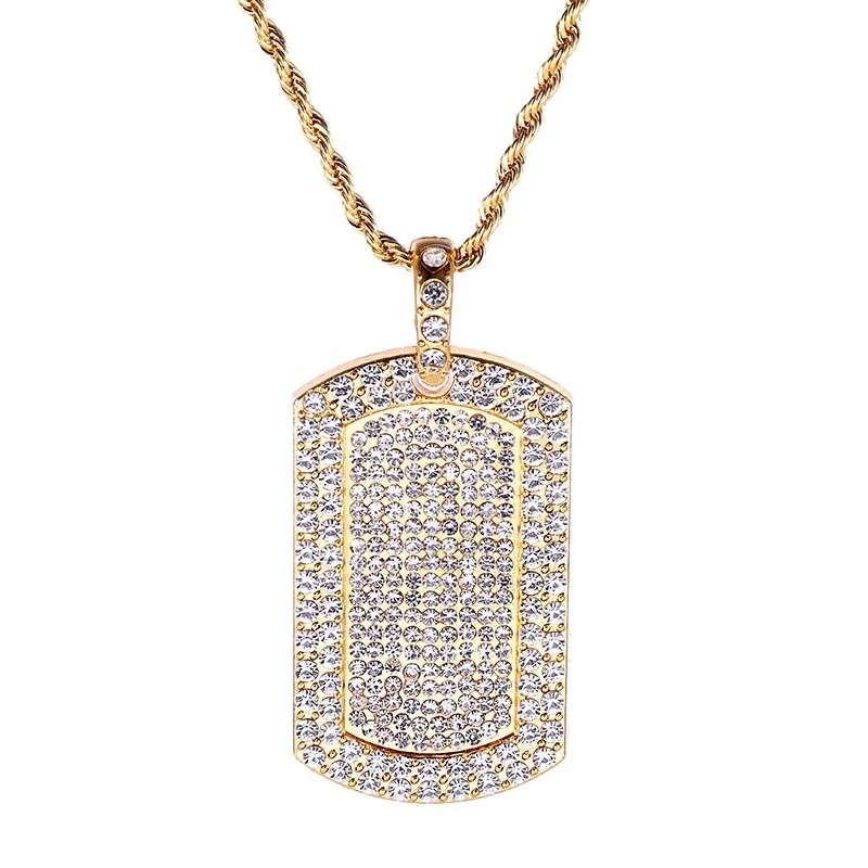 

Hip-hop Jewelry Gold Plated Full Diamond Bling Bling Rectangle Iced Out Gog Tag Pendant Cuban Link Chain Necklace, Picture
