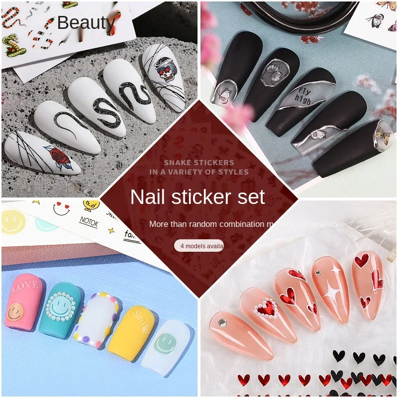 

Black White Snake Shape Nail Sticker Smiling Face Butterly Stickers Art Dragon Element 3D Nail Sticker, 6 colors