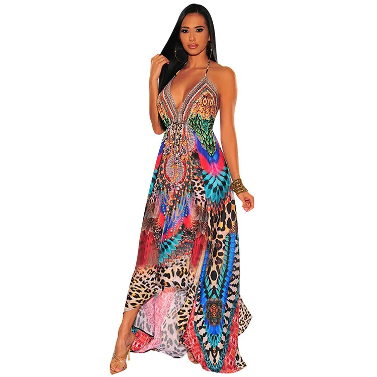

Fashionable Retro Style Women sexy halter beach vacation dresses maxi print clothing bohemian summer girl dress
