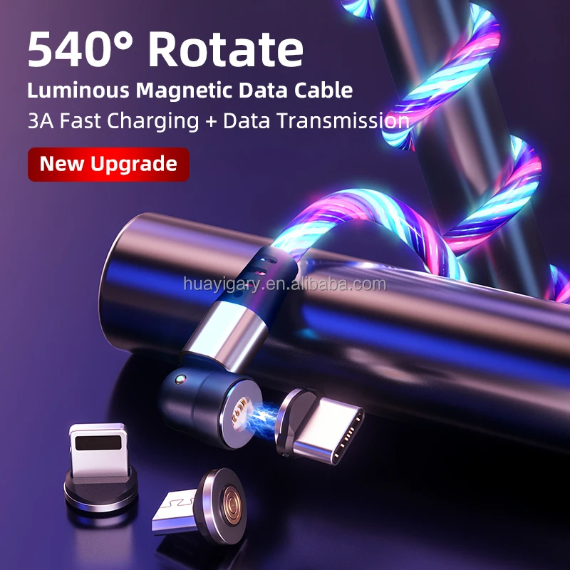 

540-degree rotating magneto luminescent charging cable with three in one bending, Multi colors