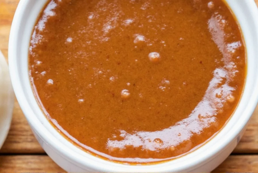 Mexican Brown Sauce in a ceramic bowl with tortilla chips nearby