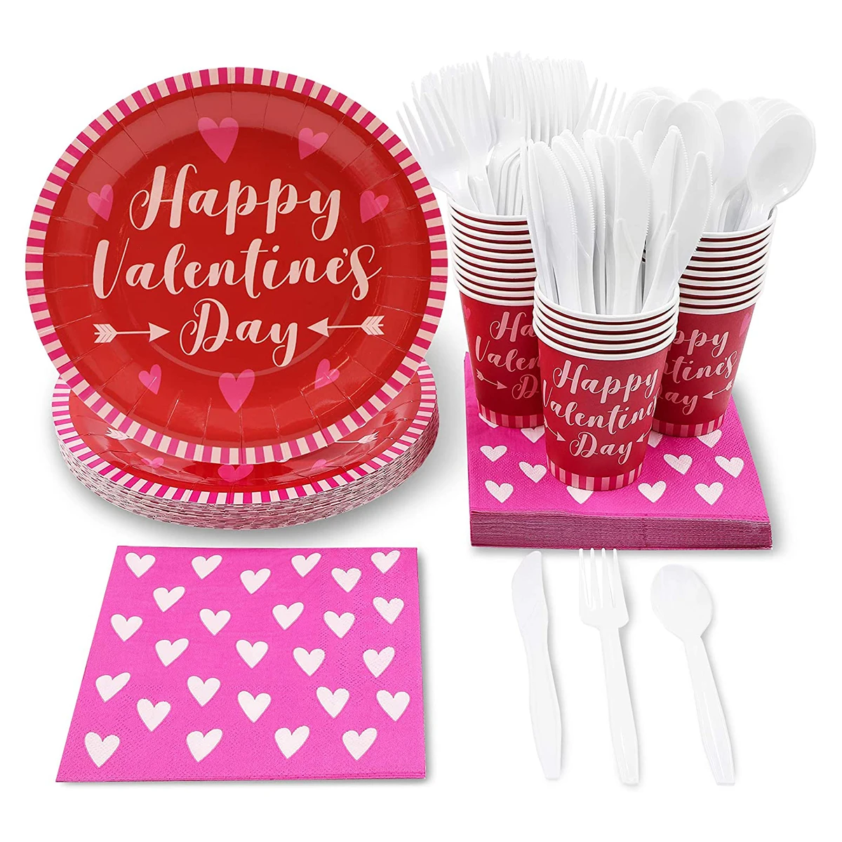 

Nicro Valentine's Day Party Supplies Paper Cups Plates Napkins And Cutlery Valentine Party Tableware Set, Red with pink