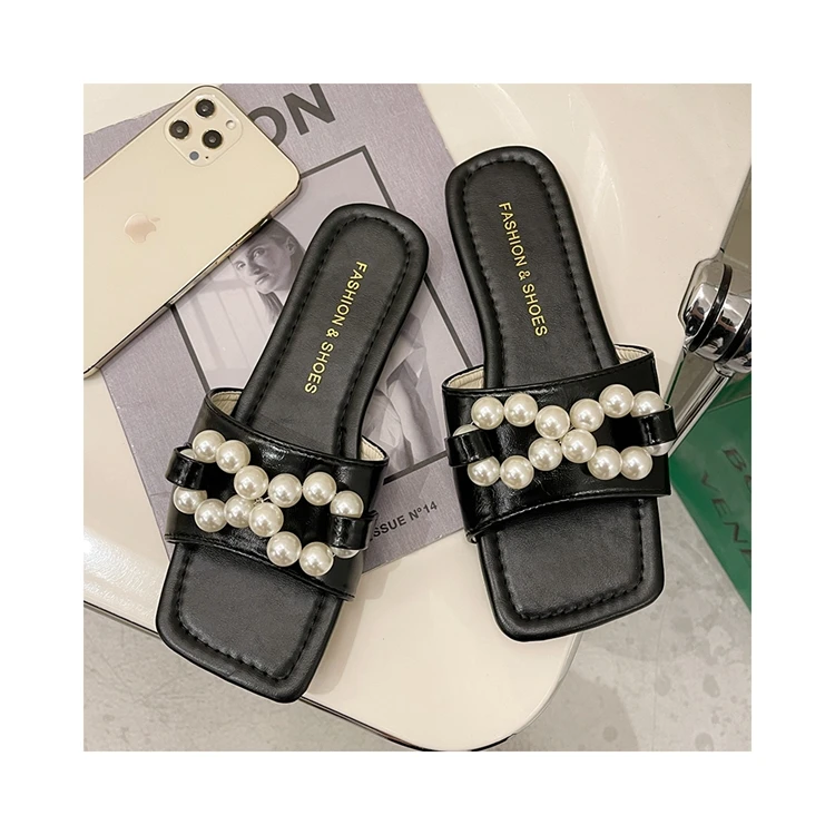 

High quality durable using various pearl fashion ladies lastest flat slippers, Black,white,red,green