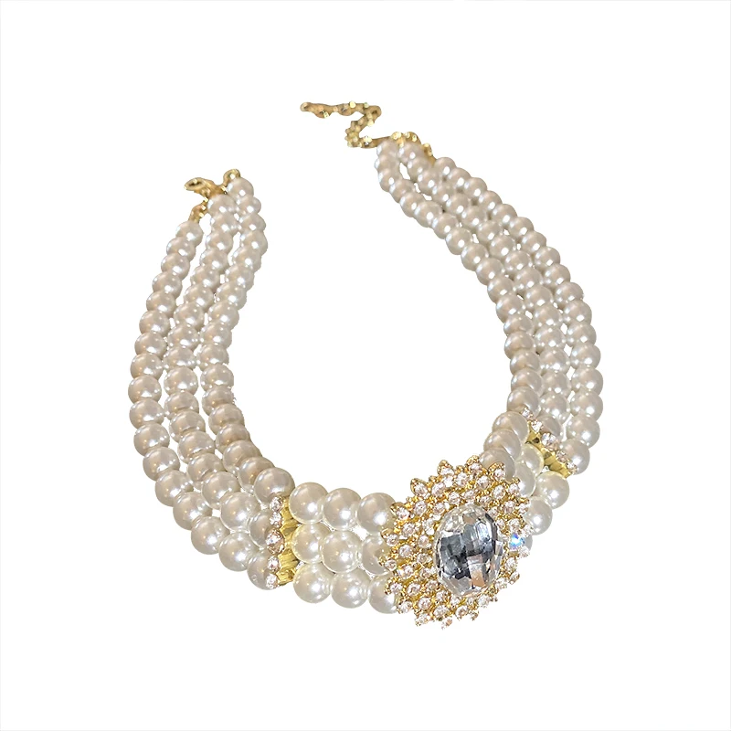

Crystal Rhinestone Multi-layer Big Pearl Short Necklaces Pearl Gold